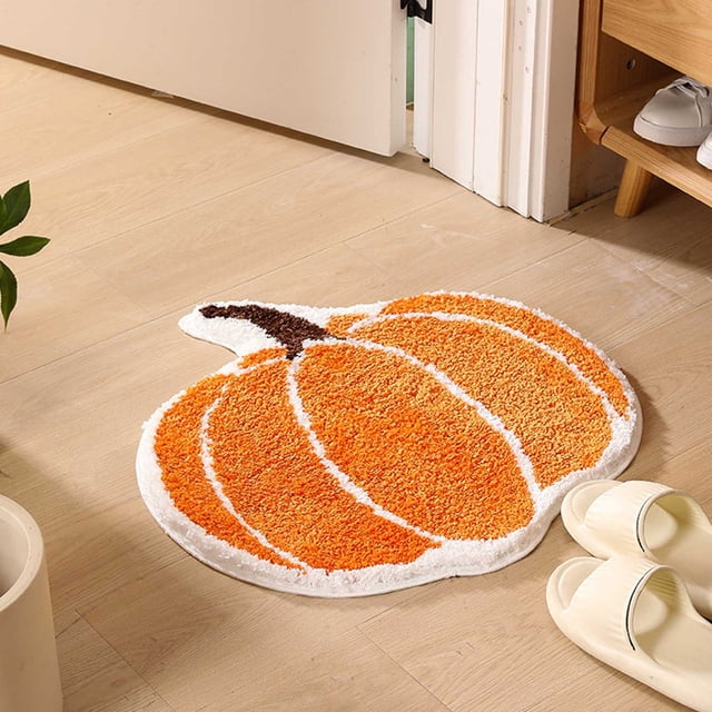 XYAIYT Halloween Decorations Pumpkin Shaped Bath Mat Washable Soft Flock Absorbent Nonslip Backing Rug for Bathroom Porch Kitchen Living Room Thanksgiving Spooky Decor Gift 23.6x15.7in Orange