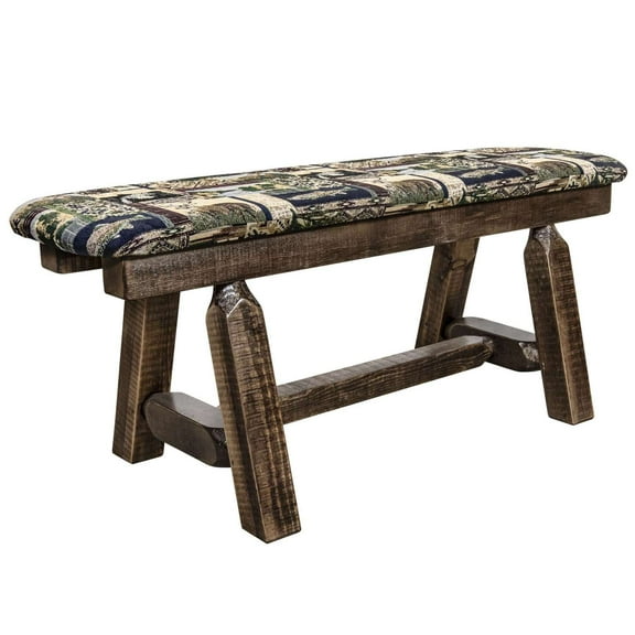 Homestead Collection Plank Style Bench, Stain & Clear Lacquer Finish, 45 Inch w/ Woodland Upholstery