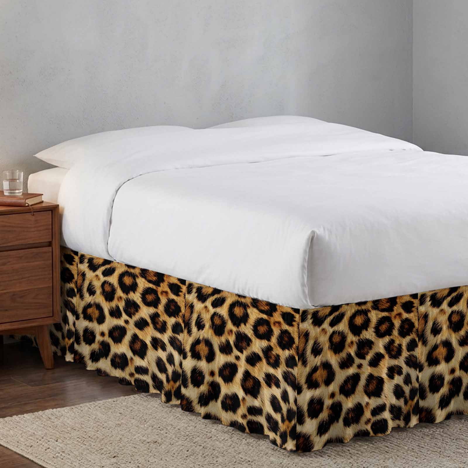 Bed Skirt Fashion Wild Style Adjustable Elastic Wrap-Around Dust Ruffle with Vintage Brown Leopard Print 16 Inch Drop, Bed Frame Cover for King Size Bed