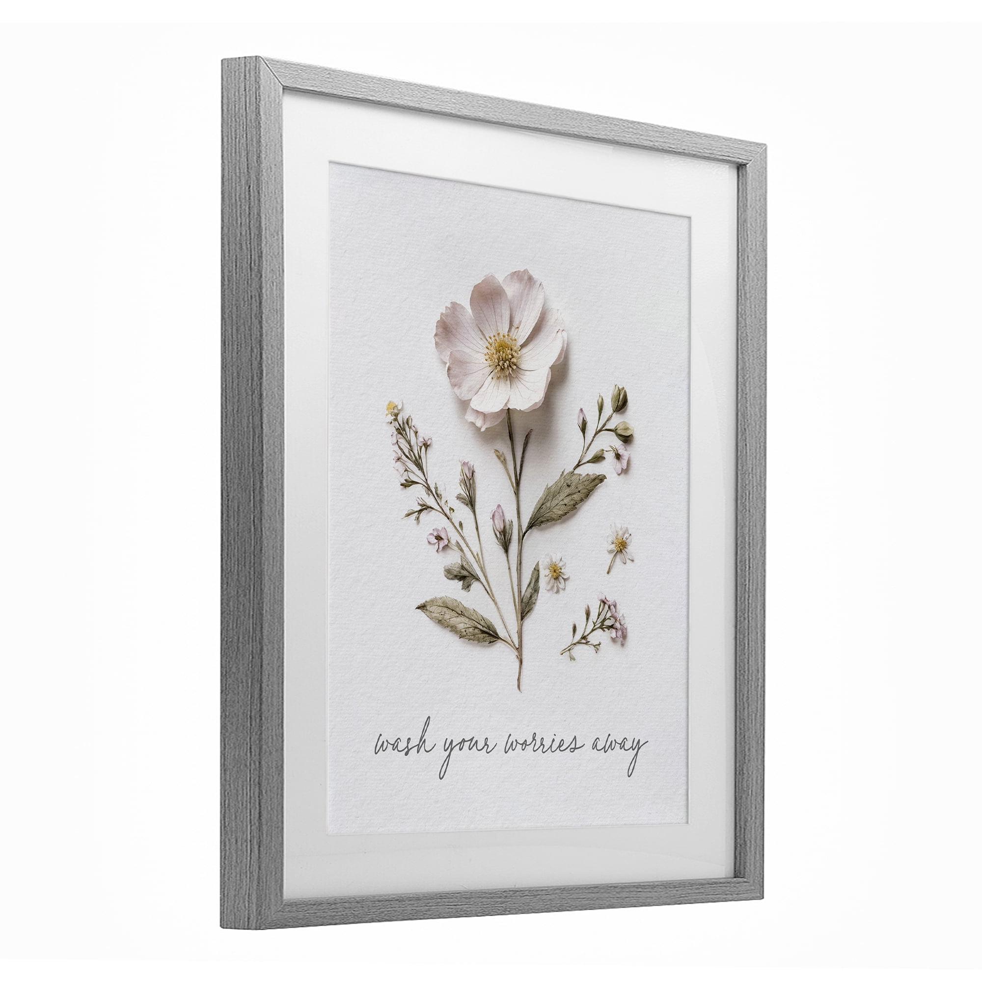 Pressed Flower Wash Worries Away Gray Framed Print Under Glass, design by Lettered and Lined