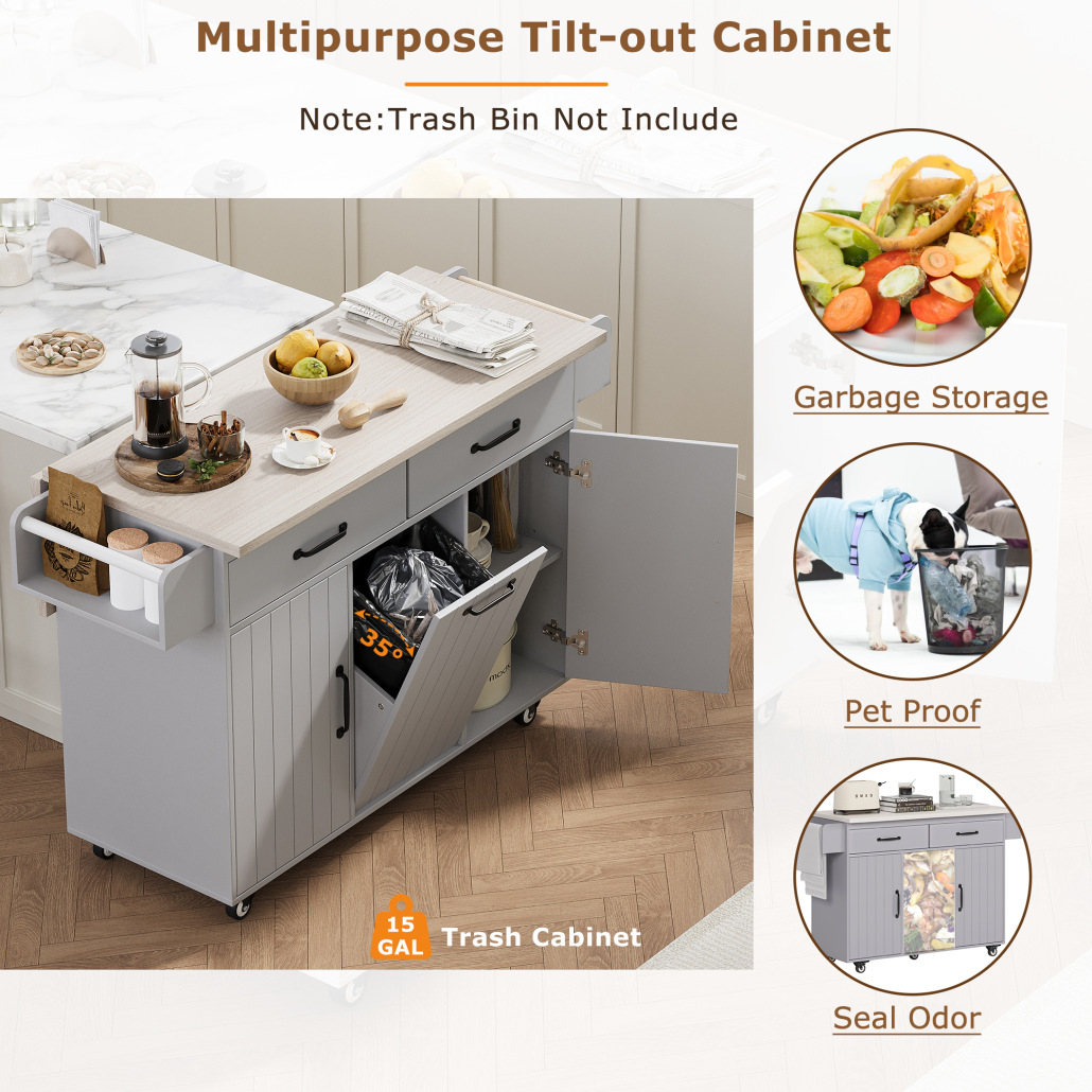 Rolling Kitchen Island with Trash Can Storage Cabinet,Mobile Kitchen Cart with Drop Leaf, Adjustable Spice Rack, Towel Rack and Drawer, Grey