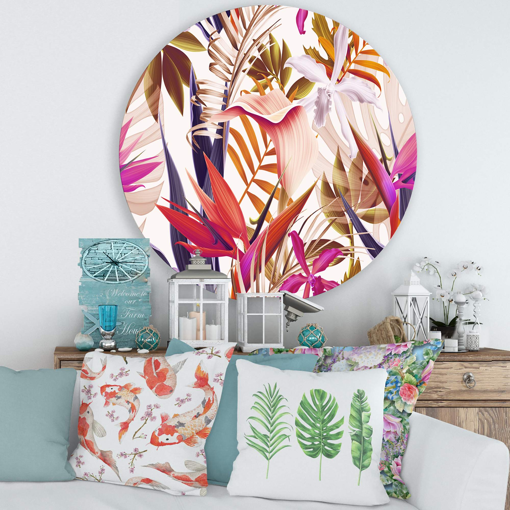 Designart 'VIntage Tropical Flowers III' Traditional Circle Metal Wall Art 29x29 - Disc of 29