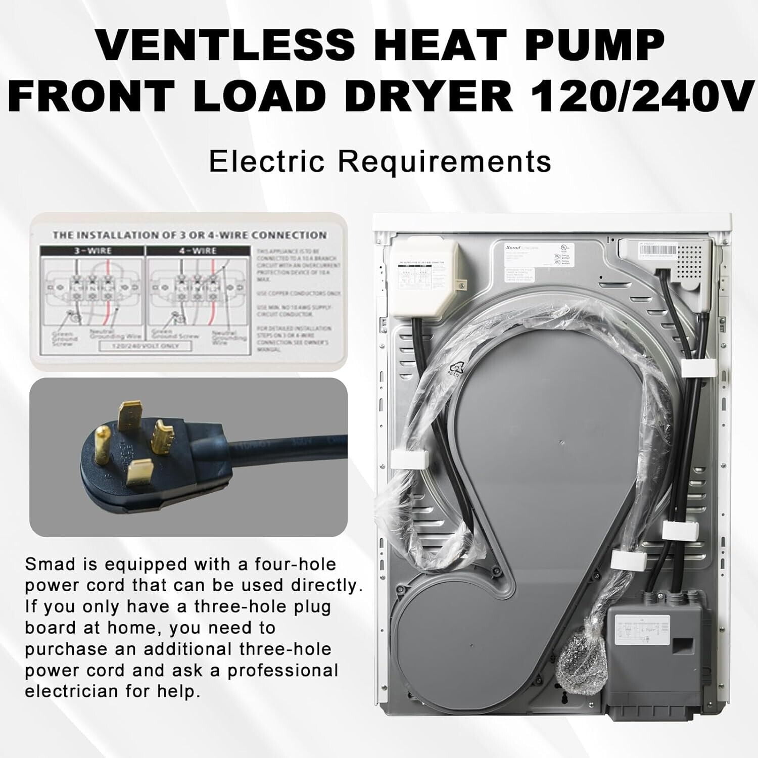 Smeta Ventless Heat Pump Front Load Clothes Dryer Electric 4.4 Cu ft Wrinkle Care, 10KG Load, 120V