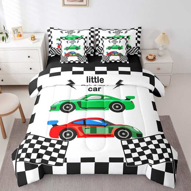 Erosebridal Racing Car Bedding, Gaming Sport Bed in a Bag, Checkered Geometry Reversible Bed Set, Ultra Soft Bedroom Decorative, 7pcs
