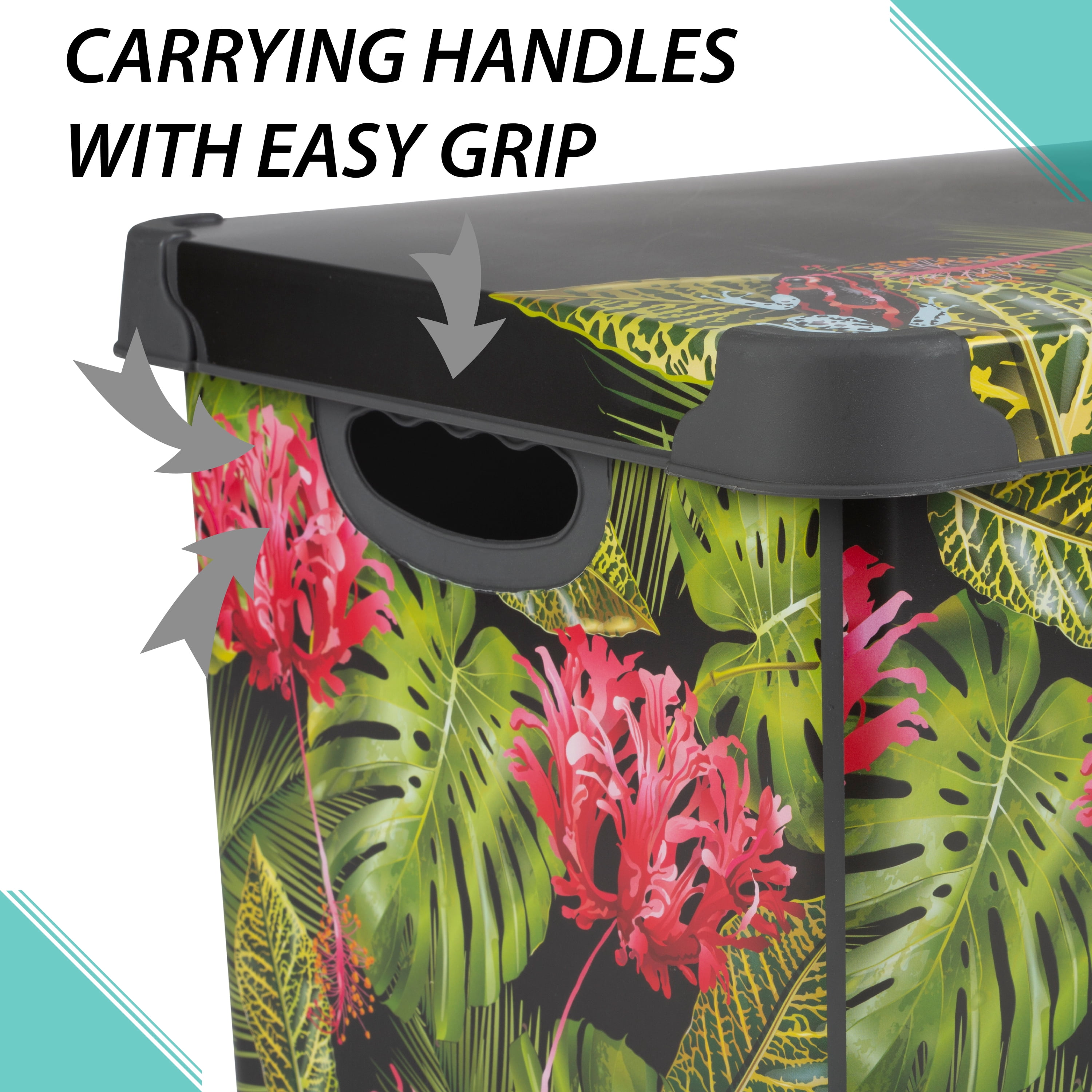 Simplify 2 Pack Tropical Leaf Print Design Plastic Storage Bin, Black