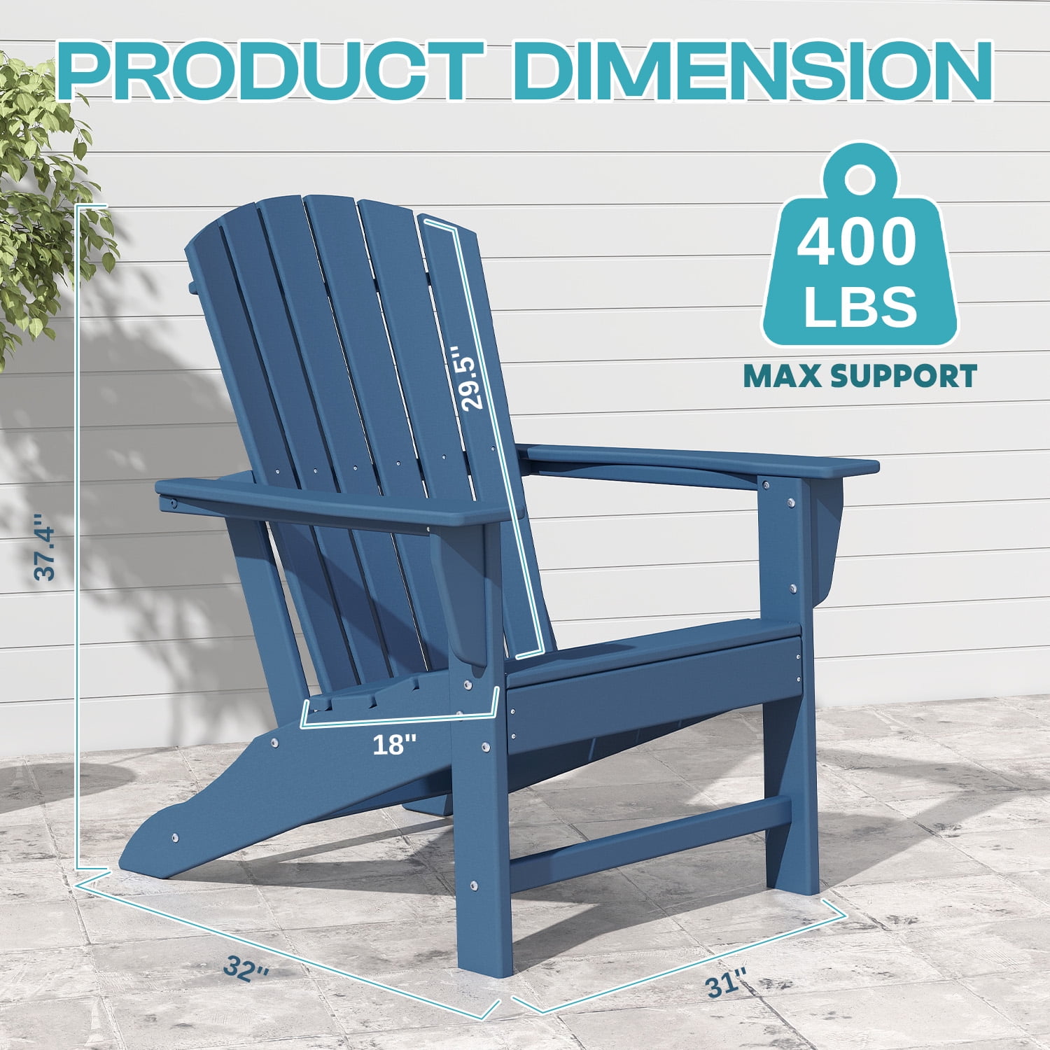 PIPOPA Outdoor Adirondack Chair set of 2, HDPE All Weather Patio Chair for Deck Backyard Garden, Blue