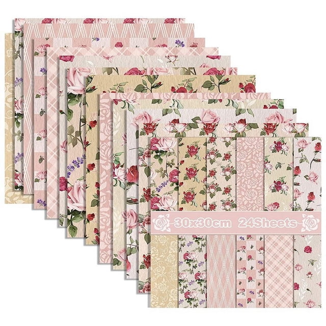12X12 Pulgadas Cartulina Floral de Acuarela de Doble Cara, 24 Hojas de Papel de áLbum de Recortes Rosa , para Hacer Tarjetas de Bricolaje