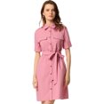 thumbnail image 1 of Vestidos de safari para mujer Vestido camisero con botones y cinturón de manga corta de algodón de verano Rosa L, 1 of 5