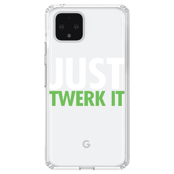 DistinctInk Clear Shockproof Hybrid Case for Google Pixel 4 XL (6.3" Screen) - TPU Bumper Acrylic Back Tempered Glass Screen Protector - Just Twerk It