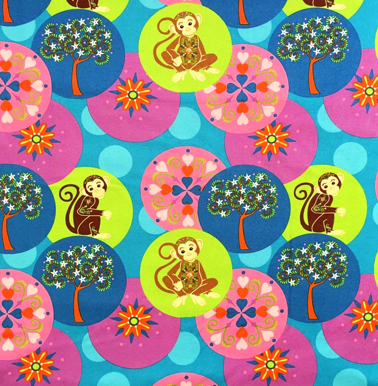 1 Yard - Monkeys & Colorful Flowers & Hearts on Blue Flannel Fabric (Great for Quilting, Sewing, Craft Projects, Throw Pillows & More) 1 Yard X 44" Wide