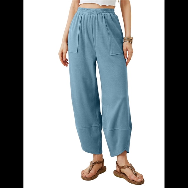 Pantalones Anchos y Holgados para Mujer, Estilo Palazzo Harén, Informales, con Cintura Elástica y Bolsillos. Azul M
