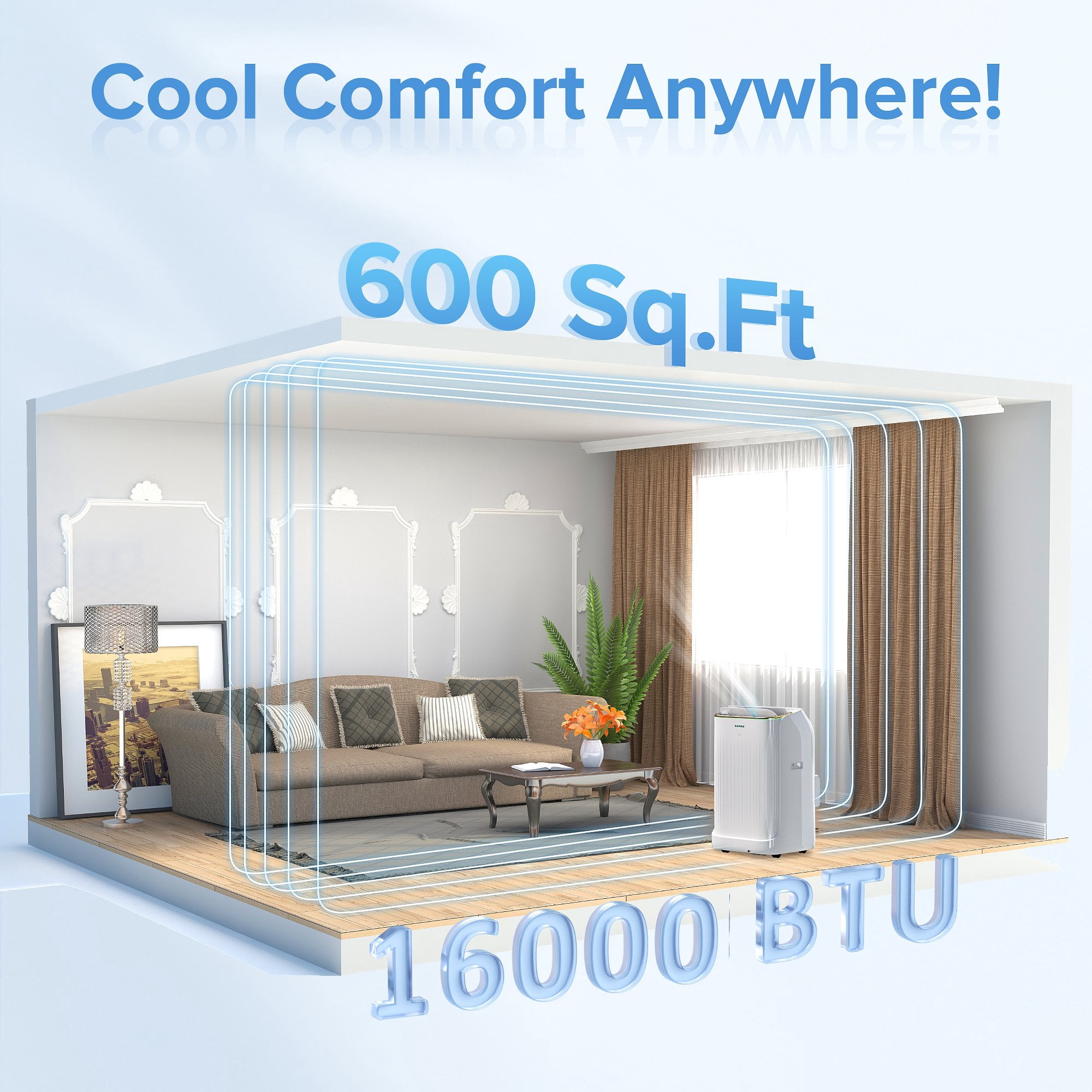 Zafro 16,000 BTU (12,000 BTU SACC) portable air conditioner with Remove Conrol & Wifi ,42dB ultra-quiet Cools up to 600 sq.ft
