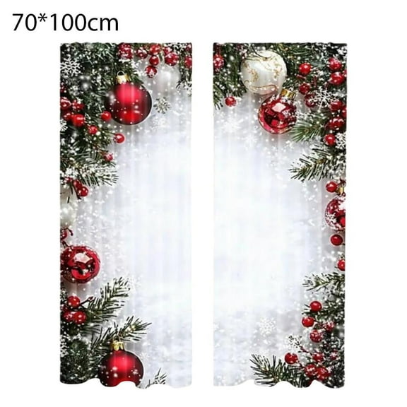Christmas Ball Holiday Printed Curtains, 2D Flat Printed Red Luxury Xmas Print Curtains with Snowflakes and Pine Branches for Bedroom Living Room Holiday Party Decorations