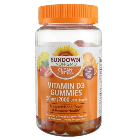 Sundown Clean Nutrition D3 Vitamin Gummies, Strawberry, Orange & Lemon, 50 mcg, 90 Ct (3 pack) (Bundle)