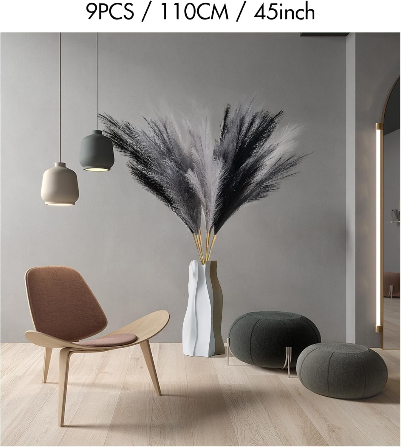 9 Pcs 45" Faux Dried Pampas Grass Tall Decor, Fluffy Fake Long Pompas Artificial Black Grey Gray Pompous Stems Bouquet Flower Arrangement Vase Filler for Boho Home Wedding Decoration