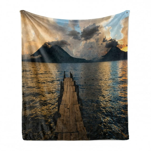 Landscape Soft Flannel Fleece Blanket, Wooden Pier on Lake Atitlan Volcanic Mountains Surrounded by Clouds Calm Panorama, Cozy Plush for Indoor and Outdoor Use, 50" x 70", Multicolor, by Ambesonne
