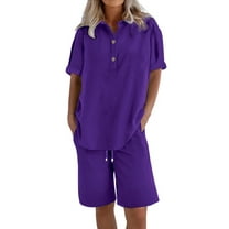 Pyhlmscde Womens Daily Casual Solid Short Sleeve V Neck Shirt Tops Pockets Elastic Waist Pants Shirt Trousers Set, Linen Shorts Set for Women, Linen Short Sets, Piece Sets Summer Dressy