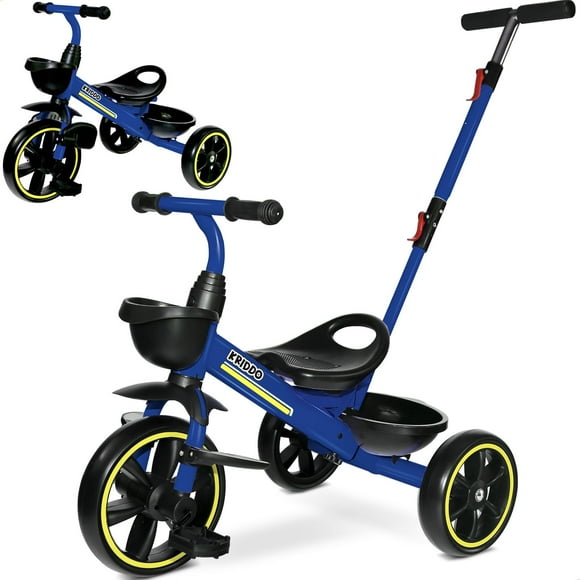 Kriddo 2-In-1 Toddler Tricycle For Ages 18 Months To 5 Years Old - Extended Push Handle For Effortless Push Gift Trike For Toddler 3 To 5 Year Kids Tricycle With Foldable Front Footrest Blue