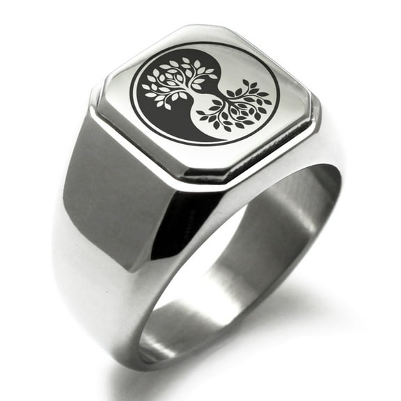 Tioneer Stainless Steel Tree of Life Yin Yang Engraved Square Flat Top Biker Style Polished Signet Ring