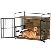 Nygira 41 Inch Dog Crate Furniture with 360° Rotatable Bowls, Wooden Kennel with Double Doors for Large Dogs, Indoor Pet House End Table, Rustic Brown
