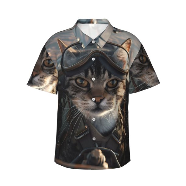 Fotbe Pilot Cat In Vintage Plane Camisa Hawaiana para Hombre Unisex – Camisa Casual de Verano con Botones de Manga Corta de Algodón y Lino,XX-Large
