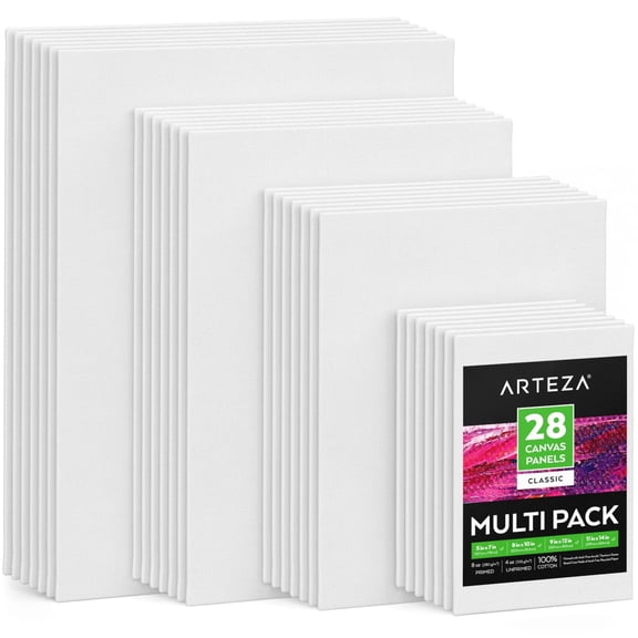 Arteza Assorted Sizes Canvas Panel, Set of 28, White Cotton