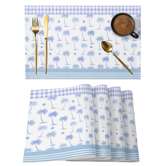Summer Palm Tree Placemats Set of 12, Tropical Blue Coconut Trees Plaid Border Non-Slip Place Mats Washable Table Mats for Kitchen Dining Table Decorations Indoor/Outdoor