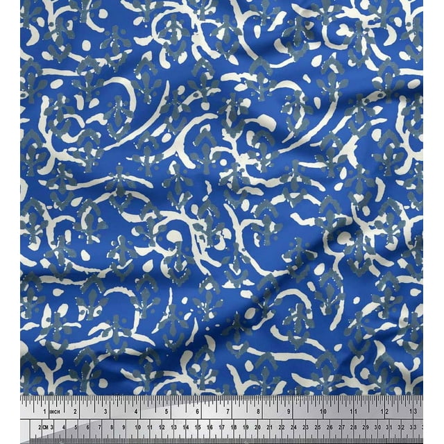 Soimoi Blue polyester Crepe Fabric Blocks Block Printed Fabric 1 Yard 42 Inch Wide
