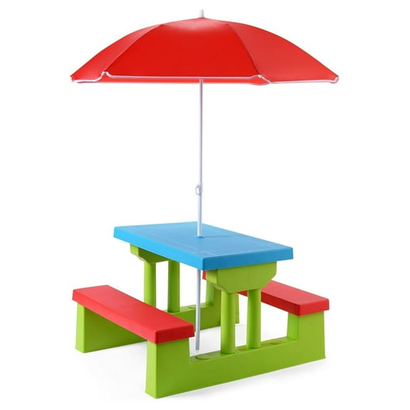 Kids Picnic Table, Outdoor Kids Table and Set w/Removable Umbrella, Plastic Children Patio Furniture, Toddler Picnic Tables for Backyard, Garden, Nursery, Gift for Boys Girls (Red)