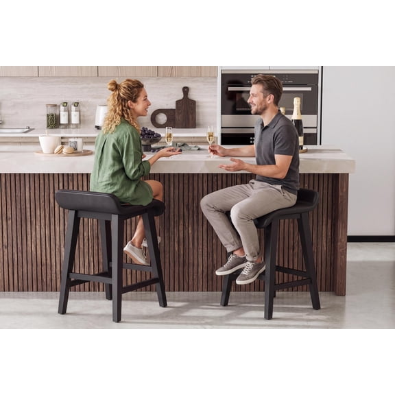 Set of 2 Counter Height Bar Stools, 26.2 Inch Modern Low Back Kitchen Stools with Footrest, Upholstered Cushion & Solid Wood Legs, Dining Chair for Kitchen Counter Dining Room, Black