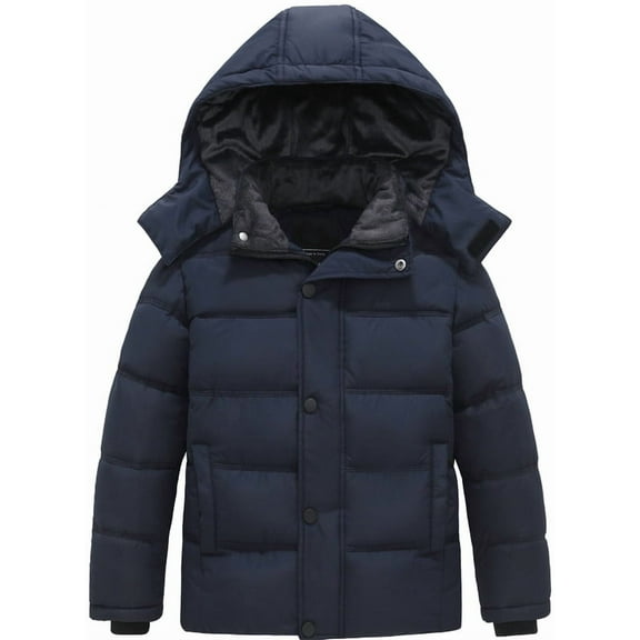 KVE Boy's Hooded Winter Coat Warm Puffer Jacket Thicken Quilted Coat with Removable Hood Navy 14-16