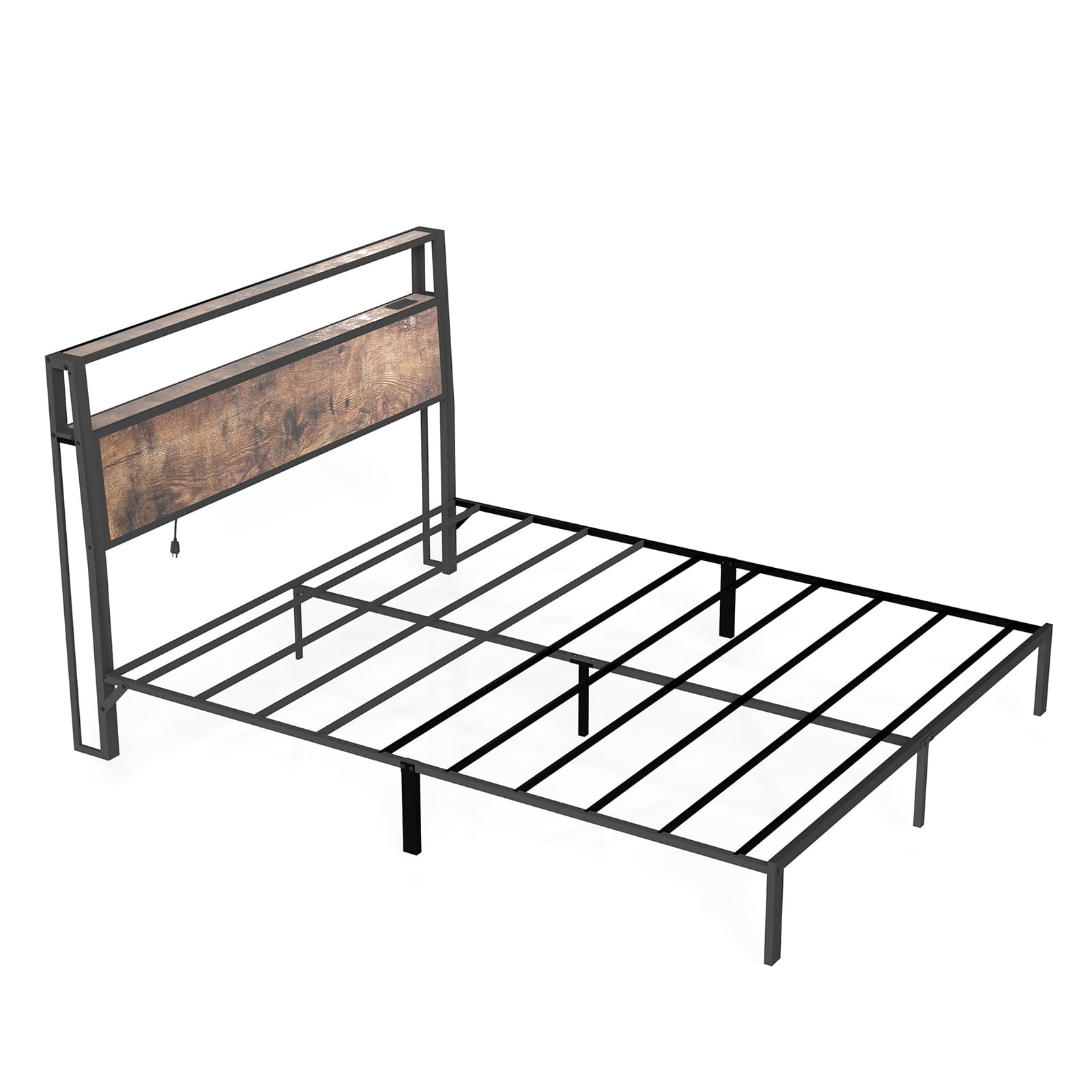 Leumius Full Size Bed Frame with Headboard, Platform Bed with RGB LED Light & Charging Station & Under Bed Storage Space, Easy Assembly, Brown