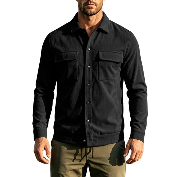 MXALUOB Men's Corduroy Jackets Button Front Work Jacket with Flap Pockets Long Sleeve Textured Overshirt Regular Fit Casual Workwear