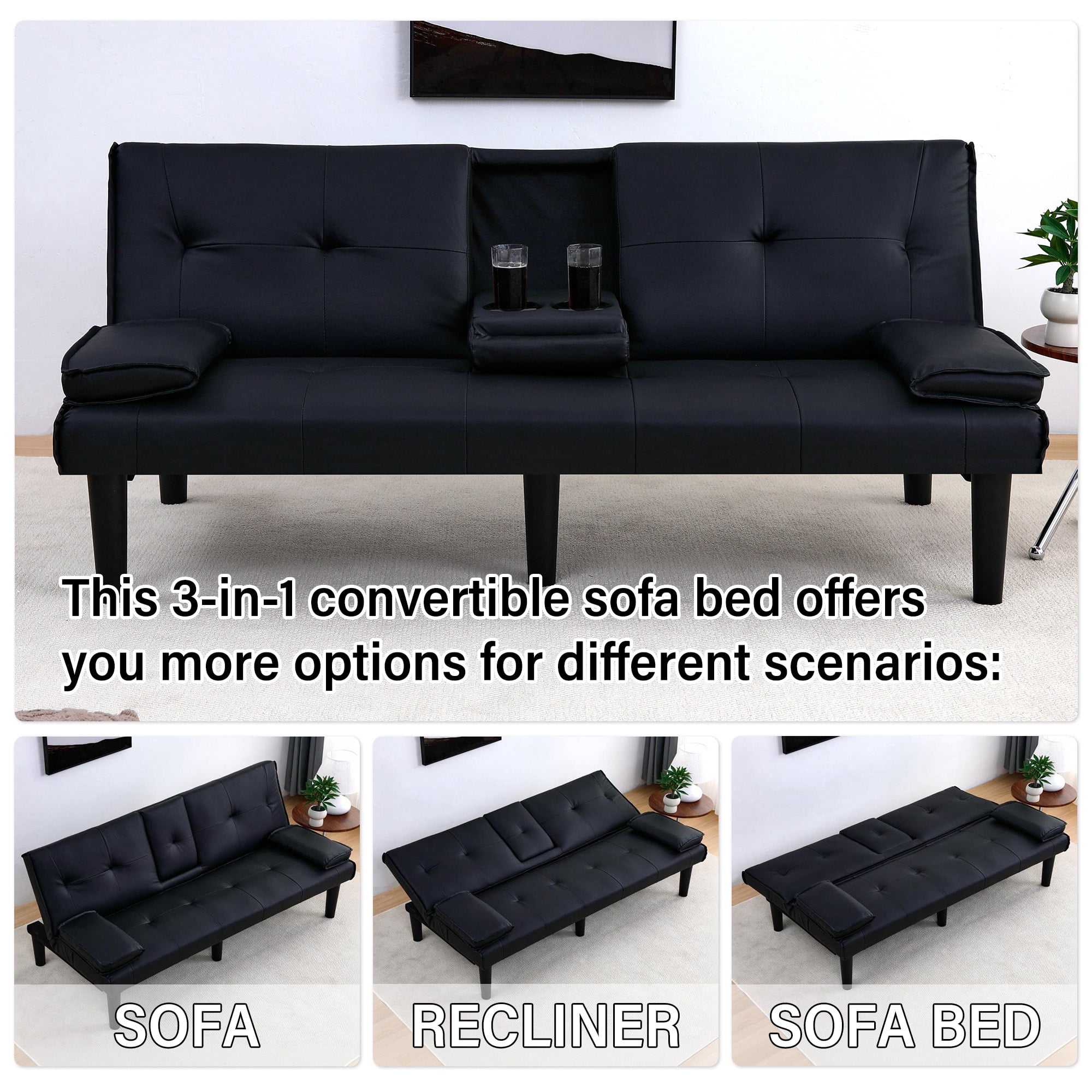 CARZZI LIFE Futon Sofa Bed PU Leather Modern Convertible Futon Couch with Removable Armrests, Cup Holders, Loveseat Sleeper Sofa Bed for Living Room, Apartment, Small Spaces (Black)
