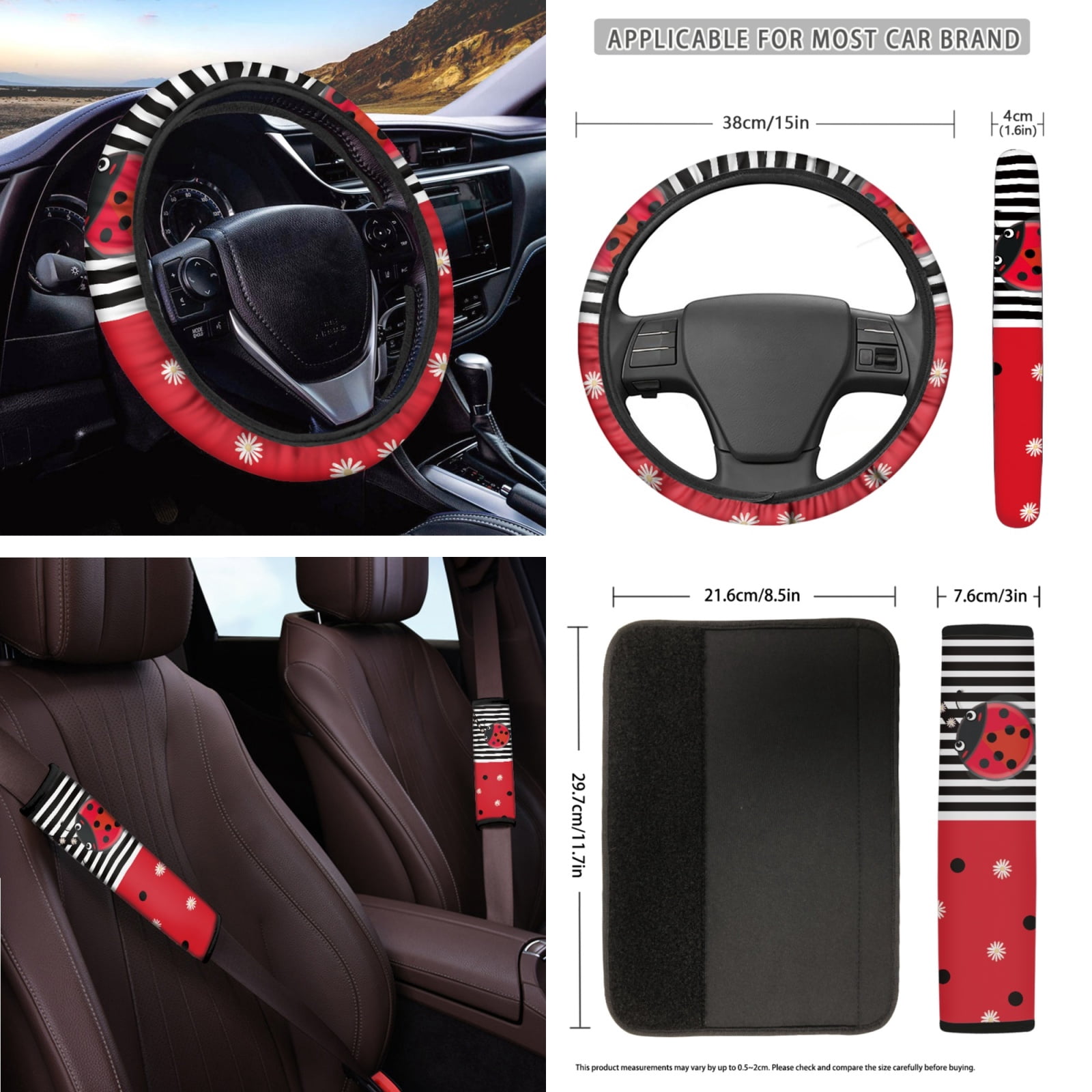 Yuyamidu Ladybug Car Seat Covers Set of 16 Cute Steering Wheel Cover Seat Belt Covers Handbrake Gear Shift Knob Cover Rear View Mirror Cover Cup Mat Keychain Sunshade for Car SUV Truck