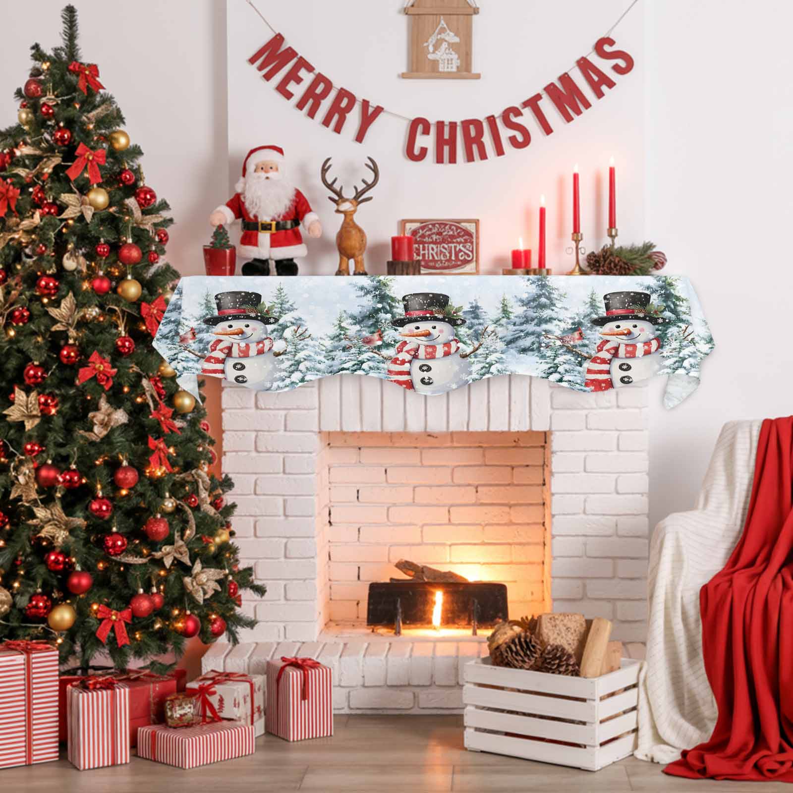 Christmas Red Snowman Fireplace Mantle Scarf Winter Snow Scene Pine Tree Forest Bird Mantel Cover Runner Fireplace Cloth for Holiday Party Home Living Room Decor 60 x 17 Inch