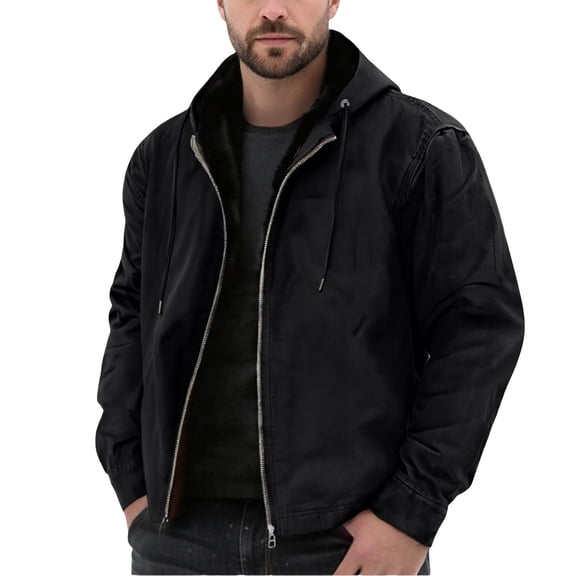 Fgnfyis Winter Jackets for Men Warm Jacket with Hood and Zip Thermal Lined Windproof Thick Hooded Casual Outerwear Mens Coat Black XXXXL