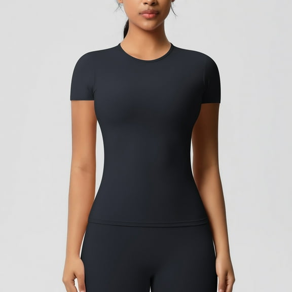 LADIGASU Women's Casual Fashion Solid Color Sports Yoga Drying Short Sleeve Round-Neck Blouses