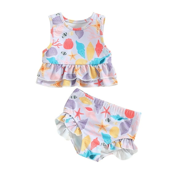 Musuos Toddler Girl's Summer Two-piece Swimsuit 3M 6M 12M 2Y 3Y Starfish Print Sleeveless Crewneck Ruffled Tank Tops with Shorts Set