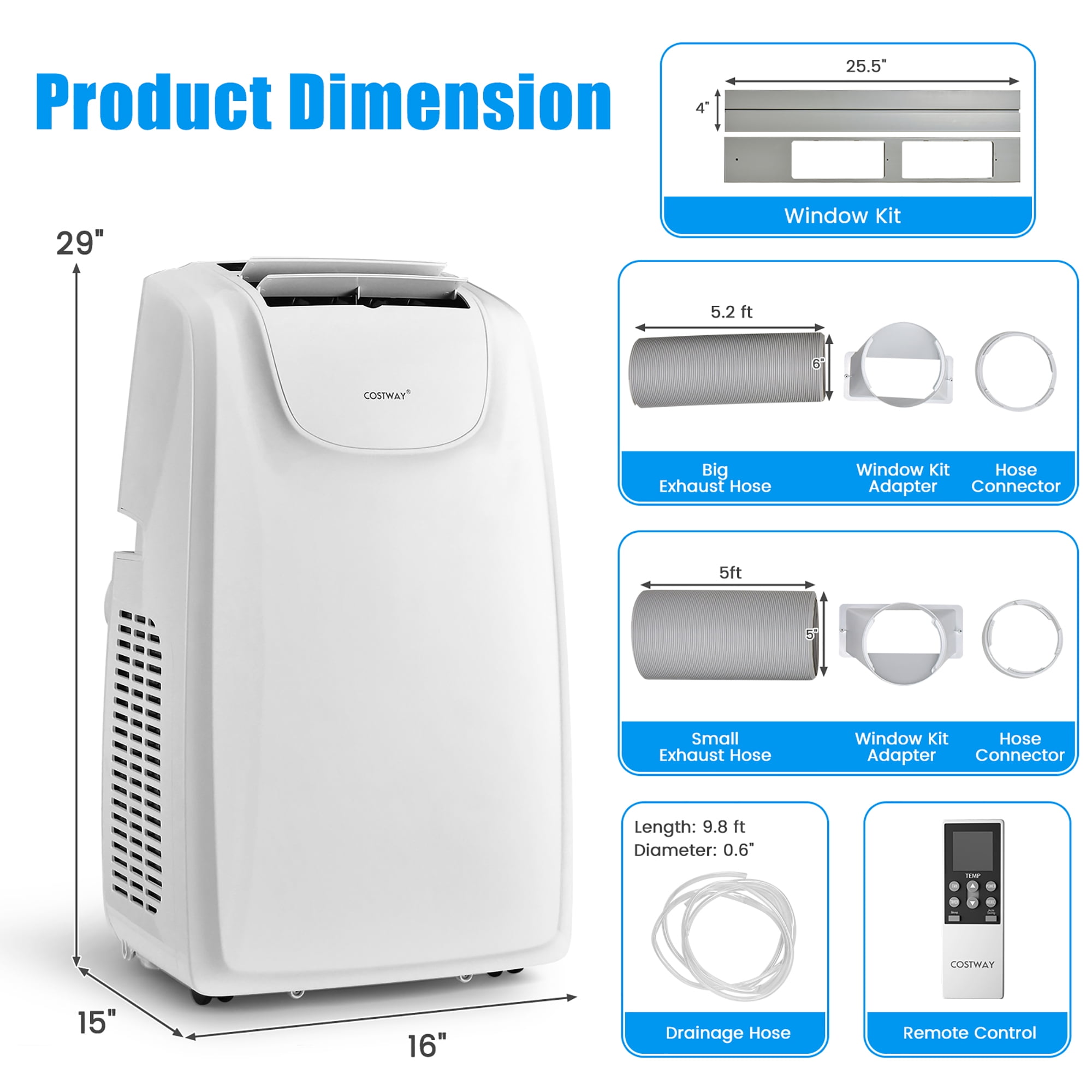 Costway 8000 BTU (11,500 BTU ASHRAE) Dual Hose Portable Air Conditioner 3-in-1 AC Unit w/ Remote Control