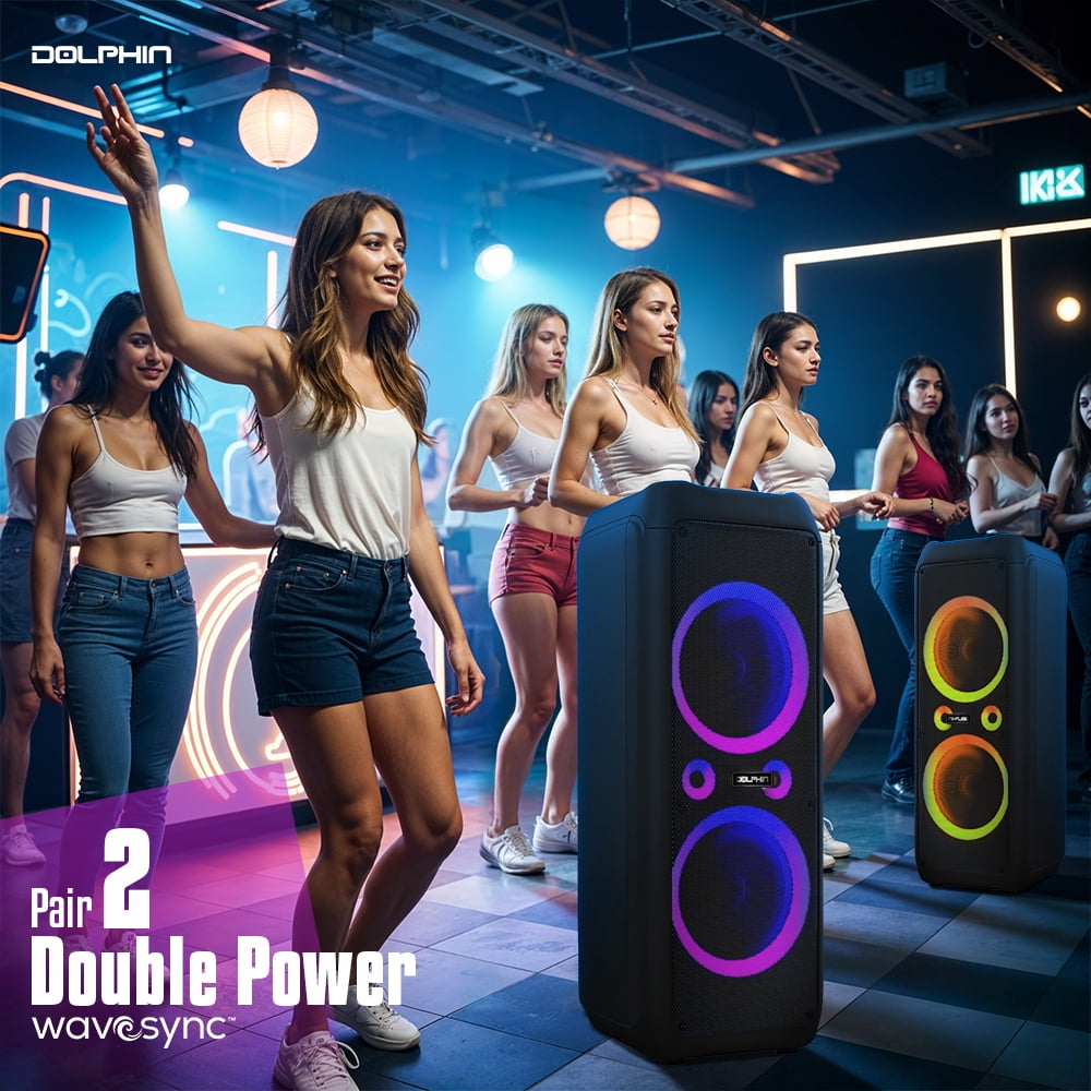 Dolphin SP-1270RBT Dual 12-Inch Premium Party Bluetooth Speaker, Bluetooth/USB/SD/FM/AUX, X-Bass, 5-Band EQ, LED Display, Quad Ring Lights
