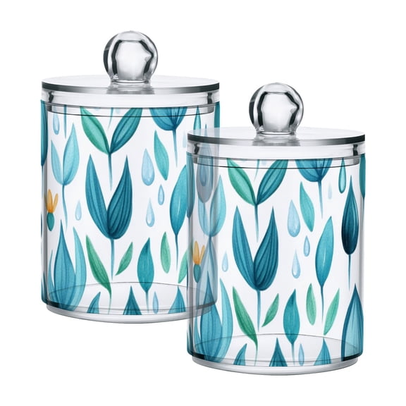 Teal Leaf Design Cotton Swabs Cans Translucent Plastic Canisters Dustproof Lid for Bathroom Storage