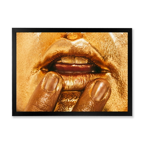 Designart 'Close Up Of Female Lips With Bright Golden Makeup i' Modern Framed Art Print