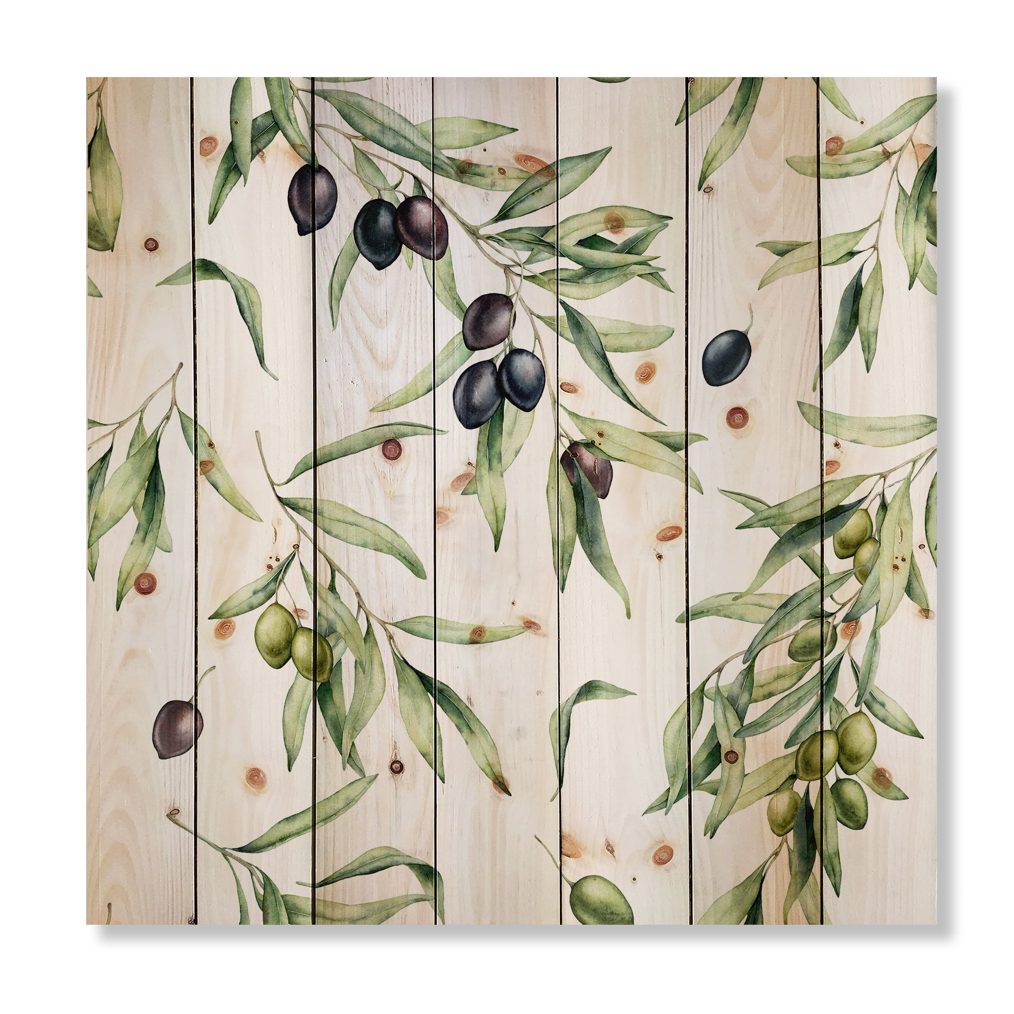 Designart 'Black and Green Olives With Olive Branches & Leaves' Lake House Print on Natural Pine Wood