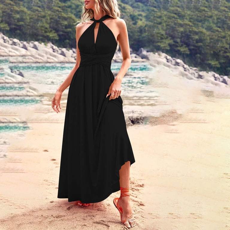 cross back halter dress Pounoo Women's Backless Dresses Sleeveless Halter Cross Back Maxi Dress  With Bow Tie Waist Comfortable Stretchy Breathable Flowy Sundresses Gift
