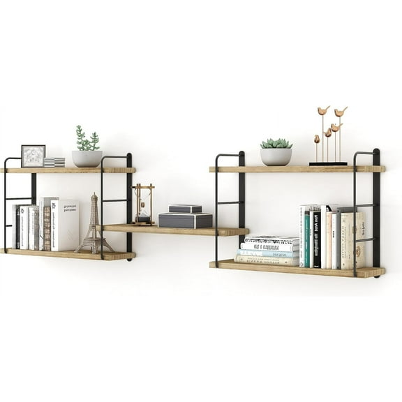 Wall Mounted Floating Shelves, Rustic Wall Decor Wood Shelves for Bedroom, Living Room, Bathroom and Kitchen Storage, Easy Installation (5, Wooden)