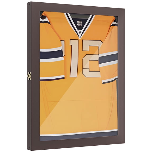 24"" x 32"" Jersey Display Case - Wall-Mounted Brown MDF Memorabilia Acrylic Shadow Box with Hanger, 23.5x2.5x31.5in, 10.12lbs, UV/Dust Protection, Lockable Latch