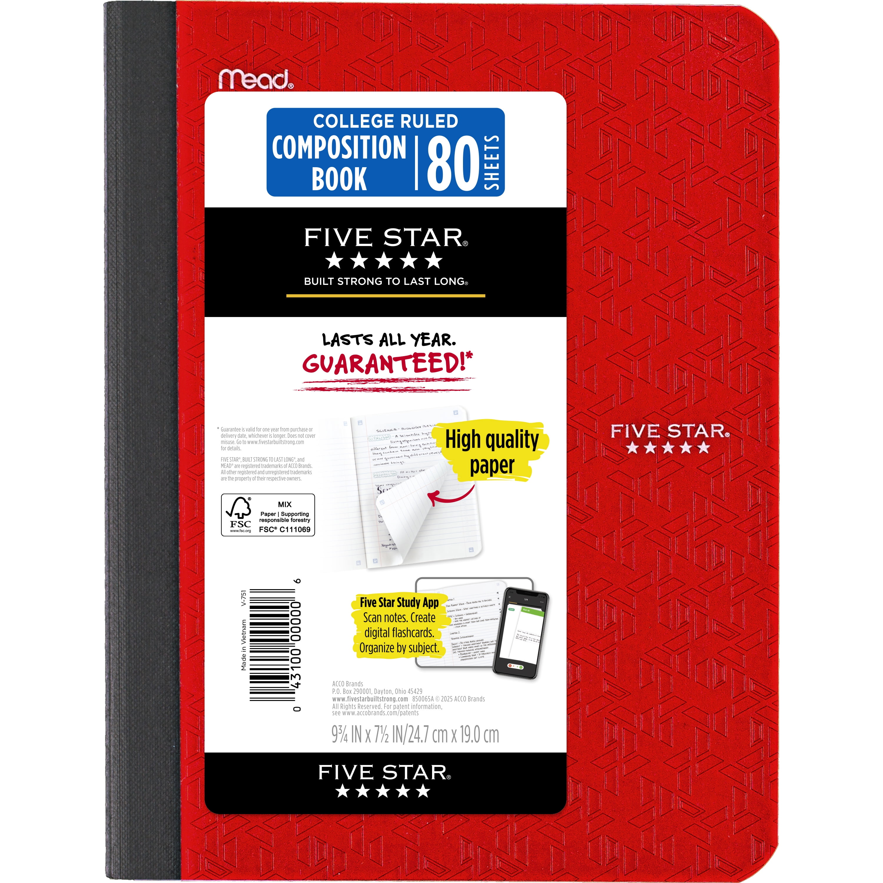(2 pack) Five Star Composition Book Plus Study App, College Ruled, 80 Sheets, 7.5" x 9.75", Fire Red