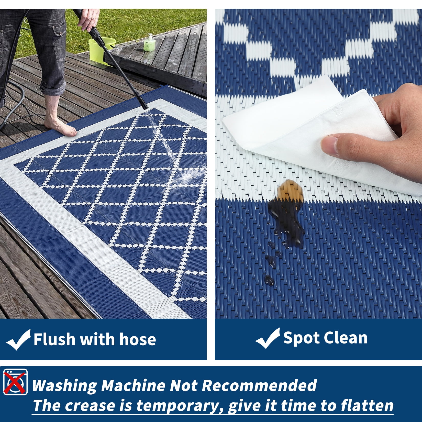 Hasoo 9' x 12' Blue/White Outdoor Rug for Patio Decor Waterproof Plastic Straw Modern Geometric Bordered Carpet PP Tube Woven Portable Camping Mat for Picnic Balcony