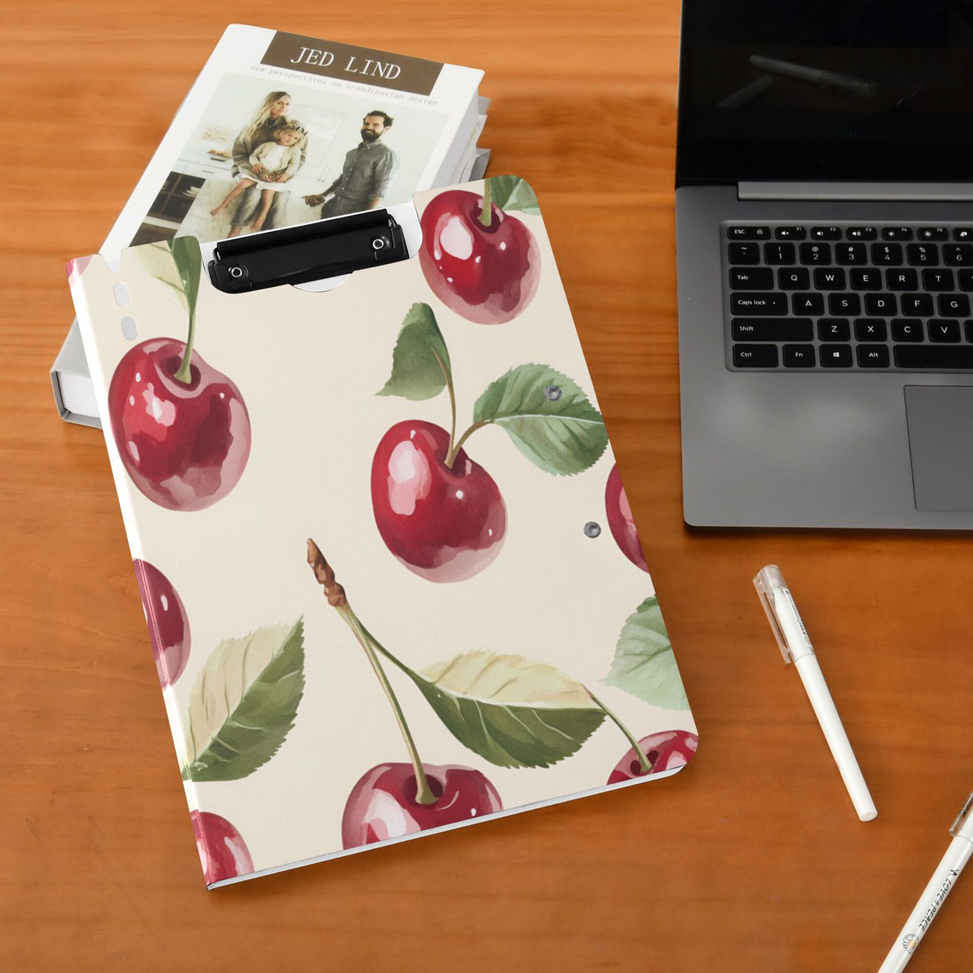 FORMRS A4 Clipboard Folder with Pen Holder Horizontal Foldable School Office Binder, Cute Cherry